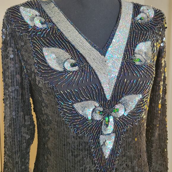 VTG Hina Trading Co. Silk Sequin Beaded Irredescent Long Sleeve Formal Blouse✨️M - Picture 2 of 16